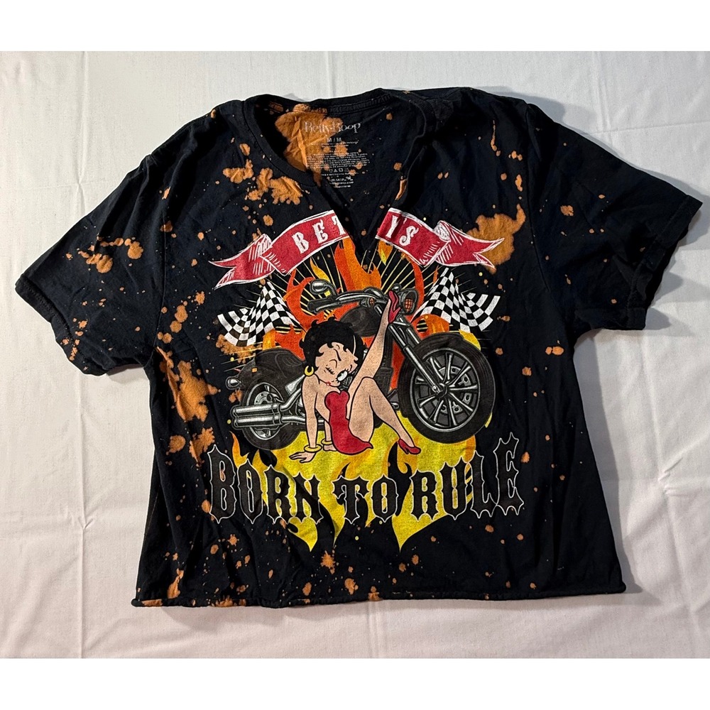 Betty Boop Born To Rule Bleach Splatter Graphic Crop Top Shirt Black Medium